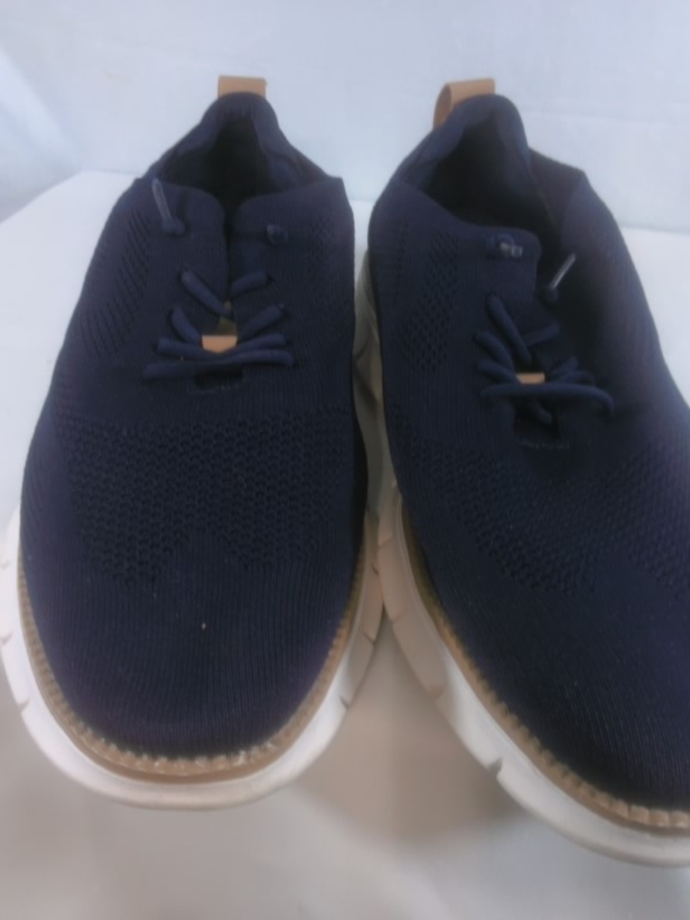 Source Unknown Navy Knit Slip-On Sneakers with White Sole and Tan Pull Tab